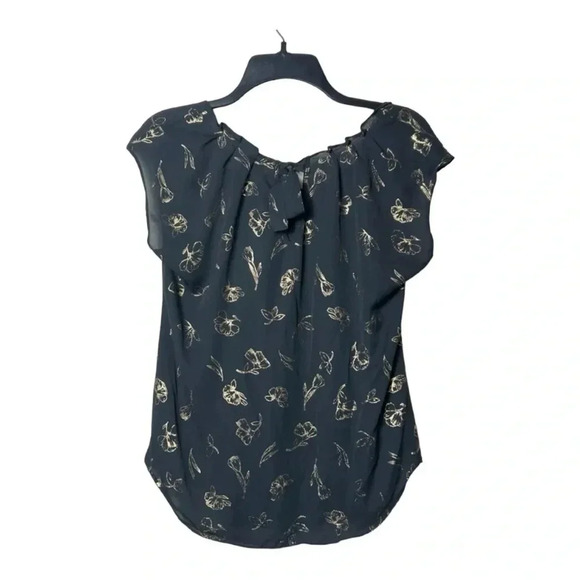 1452. LAUREN CONRAD SHORT CAP SLEEVE BLOUSE GRAY/METALLIC GOLD COLORS‎ FLORAL - Picture 6 of 9